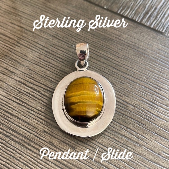 Vintage Jewelry - Vintage Oval Sterling Silver Pendant with A Tigers Eye Center